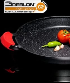CUILINA Paella Pan 40 Cm– Duitse GREBLON Antiaanbaklaag Marmer Coating - Voor Inductie En Alle Warmtebronnen - Met Afneembare Siliconen Handvatten. -Kookpannen Verkoopwinkel 1014x1200