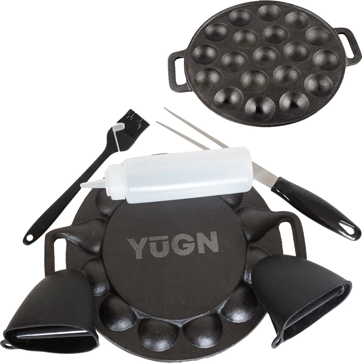 YUGN BLACK Poffertjespan Poffertjesmaker 6 Delige Set - 19 Poffertjes Incl Doseerfles Kwast Poffertjesvork Siliconen Ovenwanten - Platte Onderkant Poffertjespan Inductie Poffertjespan Elektrisch - Cadeau Tip 4 YUGN BLACK Poffertjespan Poffertjesmaker 6 Delige Set - 19 Poffertjes Incl Doseerfles Kwast Poffertjesvork Siliconen Ovenwanten - Platte Onderkant Poffertjespan Inductie Poffertjespan Elektrisch - Cadeau Tip - Afbeelding 4