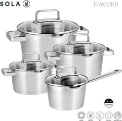 Sola Pannenset Diamond - 4 Delig - Ø 16,16,18,20 Cm - Zilver - RVS - Sandwichbodem 19 Sola Pannenset Diamond - 4 Delig - Ø 16,16,18,20 Cm - Zilver - RVS - Sandwichbodem -Kookpannen Verkoopwinkel 1200x1183