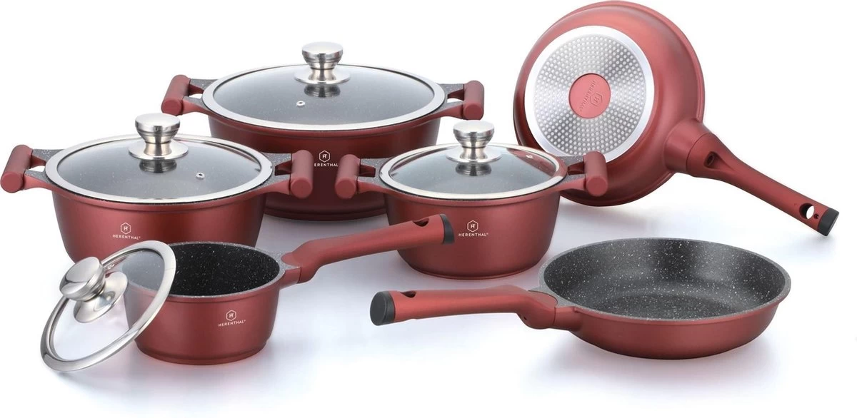 Herenthal Pannenset Inductie - Luxe 10-delige Koekenpan Inductie - Voor Alle Warmtebronnen - Pannen Met Glazen Deksels En Koudgrepen - Burgundy 1 Herenthal Pannenset Inductie - Luxe 10-delige Koekenpan Inductie - Voor Alle Warmtebronnen - Pannen Met Glazen Deksels En Koudgrepen - Burgundy