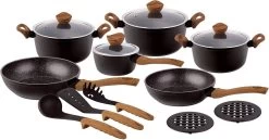 15 Delig Pannenset - Marmeren Coating - Hapjespan - Kookpan - Marmeren Coating - Met Glazen Deksels - Zwart