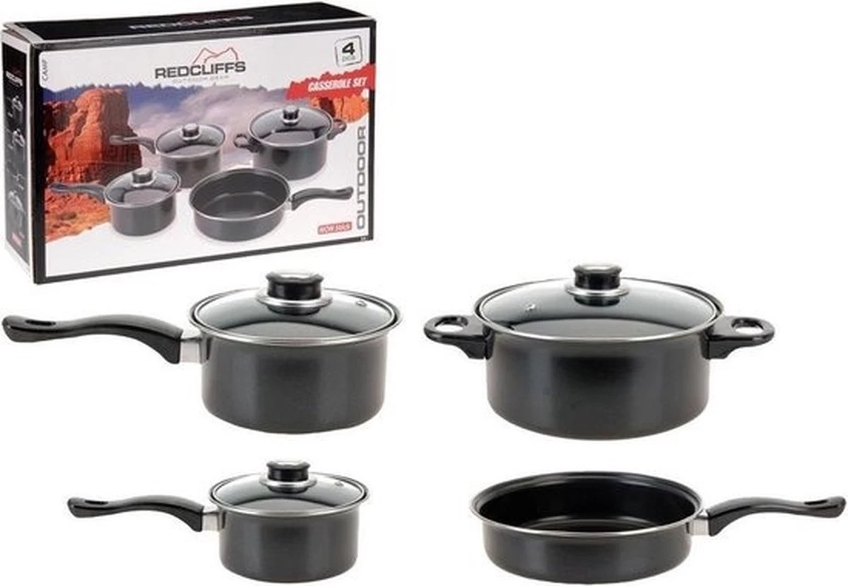 Redcliffs 4-delige Pannenset - Met 3 Glazen Deksels - Anti-Aanbaklaag - Camping/ Kamperen - Steelpannen, Hapjespan, Kookpan 1 Redcliffs 4-delige Pannenset - Met 3 Glazen Deksels - Anti-Aanbaklaag - Camping/ Kamperen - Steelpannen, Hapjespan, Kookpan
