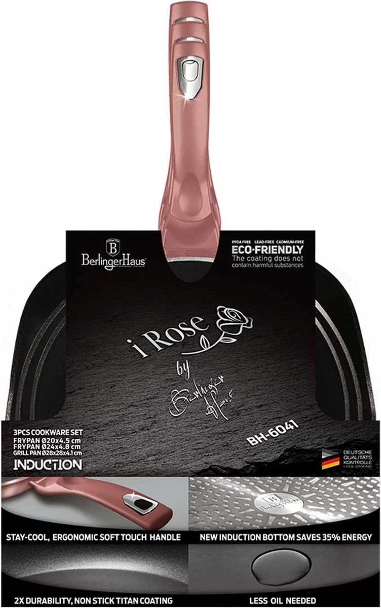 Berlinger Haus 6041 - Braadpannenset - 3 Delig - Gecoat - Rose Metallic Line 2 Berlinger Haus 6041 - Braadpannenset - 3 Delig - Gecoat - Rose Metallic Line - Afbeelding 2